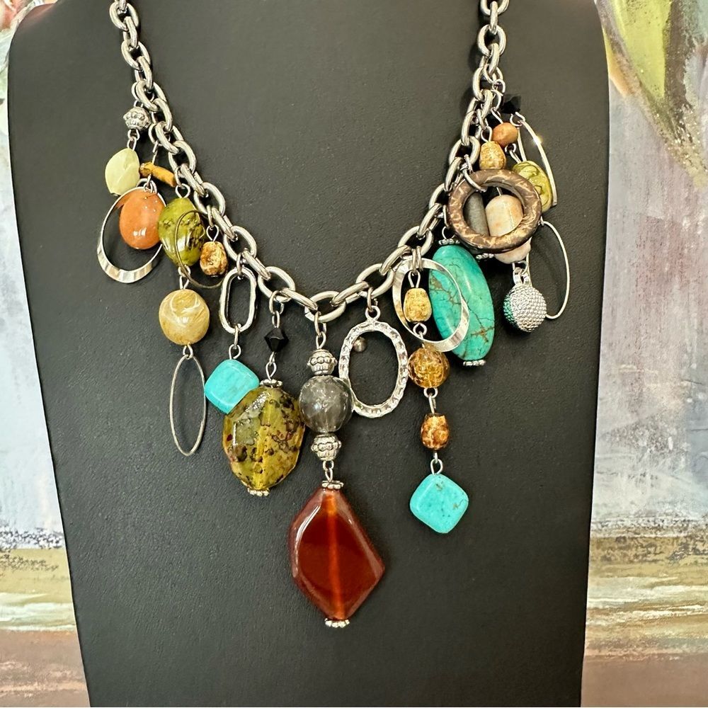 Colorful Dangle Charm Faux Gemstone Statement Necklace